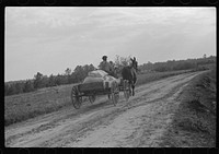 [Untitled photo, possibly related to: Bringing home meal from cooperative grist mill, Gees Bend, Alabama]. Sourced from the Library of Congress.