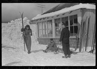 Skiers during noon hour outside of toll house at foot of Mount Mansfield, Smugglers Notch. Near Stowe, Vermont. Sourced from the Library of Congress.
