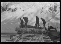 [Untitled photo, possibly related to: Hauling timber by tractor to the road where it is taken by truck to the mill. Near Barnard, Windsor County, Vermont]. Sourced from the Library of Congress.
