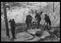 Hauling timber by tractor to the road where it is taken by truck to the mill. Near Barnard, Vermont. Sourced from the Library of Congress.