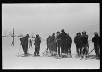 [Untitled photo, possibly related to: On Saturday afternoon many high school students come to Dickinson's farm to ski. Mr Dickenson built a ski tow on his farm three years ago at a cost of one thousand dollars. This is the first year he had made any money, although business is increasing rapidly now. He has a small dairy farm and until the hurricane last year destroyed his entire grove of maple trees he made and sold maple syrup. Lisbon near Franconia, New Hampshire]. Sourced from the Library of Congress.