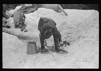 Son of Walter Gaylord putting on snowshoes before going to gather sap from sugar maple trees. The snow was so deep that snowshoes were necessary to get around on. Mad River Valley, Waitsfield, Vermont. He averages about 150 gallons of syrup annually, this year tapped only 600 out of his 1000 trees, because of unusually deep snow and late spring. He owns several farms; in this particular farm unit there are eighty acres.It has been in family three generations. Has about thirty-five or forty head of cattle, raises poultry and potatoes. Sourced from the Library of Congress.