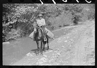 [Untitled photo, possibly related to: Rural mailman going up the creek bed toward Morris Fork near Jackson, Kentucky]. Sourced from the Library of Congress.