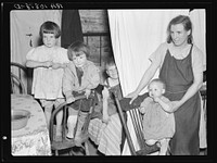 Children of Mrs. Bodray's daughter in their shack near Tipler, Wisconsin. A sheet separates the front part of their one-room shack from the rear by Russell Lee