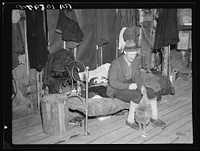Lon Allen, farmer of the cut-over area near Iron River, Michigan, feeding a chicken in his bedroom. Last winter a cow was brought into the house to keep it from freezing by Russell Lee