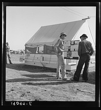[Untitled photo, possibly related to: Farm Security Administration (FSA) migratory labor camp (emergency). Migratory workers, in camp for the pea harvest, scan the bulletin board at entrance]. Sourced from the Library of Congress.