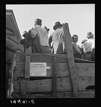 Labor contractor's truck with gang of pea pickers pulled up for gas. Gang recruited in Stockton, thirty-one miles away. Westley, California. Sourced from the Library of Congress.