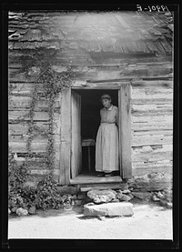 [Untitled photo, possibly related to: Caroline Atwater standing in the kitchen doorway of double one and a half story log house. North Carolina]. Sourced from the Library of Congress.