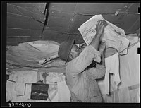  day laborer repapering his house. The wall and roof is in such bad condition that the house must be repapered every rain. Muskogee, Oklahoma by Russell Lee