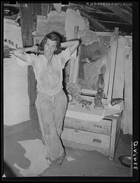 Wife of WPA (Works Progress Administration/Work Projects Administration) worker living in Arkansas River bottoms. Webbers Falls, Oklahoma by Russell Lee