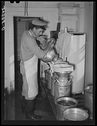 Straining the milk at large dairy in Tom Green County, Texas by Russell Lee