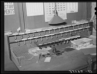 Shipping clerk's desk. Farm equipment warehouse, Oklahoma City, Oklahoma by Russell Lee