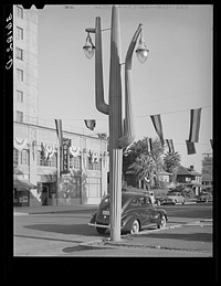 Cactus light standard in front of hotel in Phoenix, Arizona by Russell Lee