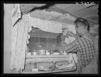 Jack Whinery does some repair work on the window in his dugout. The window was made from the windshield of the worn-out car which brought this family to Pie Town, New Mexico, from West Texas by Russell Lee
