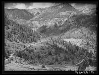 Road to Camp Bird mines and mills. Ouray County, Colorado. Camp Bird is the historical mining development of Walsh by Russell Lee