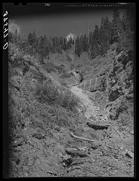 Platform at entrance to tunnel. The gold ore taken from the tunnel requires a built-up platform at the entrance to facilitate handling. Telluride, Colorado by Russell Lee