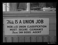 San Diego, California. Union sign at the replacement cantonment of the coast artillery by Russell Lee