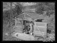 Fruit farmer in springhouse. Placer County, California. Notice the electric pump which makes possible running water in the house by Russell Lee