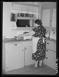 Wife of fruit farmer at her kitchen sink. Placer County, California by Russell Lee