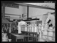 Unloading cans of milk and cream from truck to belt conveyer at Dariymen's Cooperative Creamery. Caldwell, Canyon County, Idaho by Russell Lee