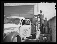 [Untitled photo, possibly related to: Collecting cans of milk and cream at farm of member of the Dairymen's Cooperative Creamery. Caldwell, Canyon County, Idaho] by Russell Lee