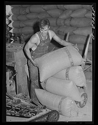 Sacked wheat being stored in warehouse. Touchet, Walla Walla County, Washington by Russell Lee