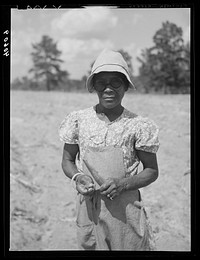  woman planting tobacco. In her right hand a tobacco plant and in her left a "peg" for planting it. Near Farrington, Orange County, North Carolina. Sourced from the Library of Congress.