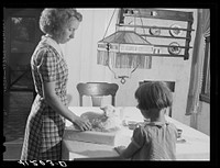 Two of the Reitz children putting the finishing touches on "lamb cake" made by Mrs. Reitz for sale at the Tri County Farmers Co-op Market, at Du Bois, Pennsylvania. On the Reitz farm near Falls Creek, Pennsylvania. Sourced from the Library of Congress.