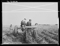 Harvesting potatoes with a single-row tractor-drawn digger on a farm near Caribou, Maine. Sourced from the Library of Congress.