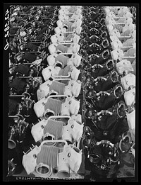 Freshly-painted cylinders for aircraft engines on the floor of the plant in east Hartford, Connecticut. Sourced from the Library of Congress.