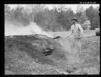 [Untitled photo, possibly related to: Henry Dukes,  FSA (Farm Security Administration) borrower, burning charcoal. Southwestern part of Heard County, Georgia]. Sourced from the Library of Congress.