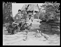 [Untitled photo, possibly related to: Mrs. L. Smith and two of the children feeding the chickens. Carroll County, Georgia]. Sourced from the Library of Congress.