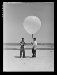 [Untitled photo, possibly related to: Weather Bureau men preparing to send up the balloon for weather data. Municipal airport, Washington, D.C.]. Sourced from the Library of Congress.