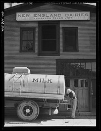 Milk truck in front of a creamery in Enosburg Falls, Vermont. Sourced from the Library of Congress.