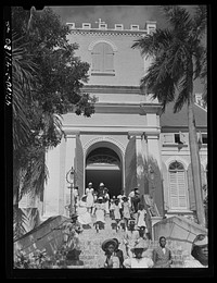 [Untitled photo, possibly related to: Charlotte Amalie, Saint Thomas Island, Virgin Islands. After a morning church service on Christmas Day]. Sourced from the Library of Congress.
