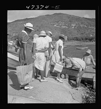 [Untitled photo, possibly related to: French village, a small settlement on Saint Thomas Island, Virgin Islands. Women come down to the French village, a small settlement, to buy fish from the incoming boats]. Sourced from the Library of Congress.