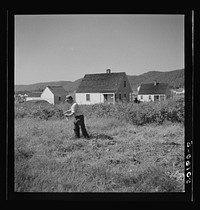 [Untitled photo, possibly related to: Schoolteacher taking care of his front yard on Saturday. Tygart Valley homesteads, West Virginia]. Sourced from the Library of Congress.