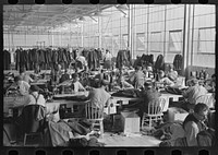 Interior of cooperative garment factory at Jersey Homesteads, showing some of the eighty homesteaders at their work and some of the ladies' coats made by them. Hightstown, New Jersey by Russell Lee