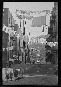 [Untitled photo, possibly related to: An avenue of clothes washings between 138th and 139th Street apartments, just east of St. Anne's Avenue, Bronx, New York] by Russell Lee