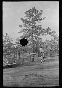 [Untitled photo, possibly related to: Sign showing donation of land by land developing project, central New Jersey pine area] by Russell Lee