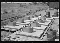 [Untitled photo, possibly related to: Privy plant. Sanitary pre-cast concrete privy bases after stripping of forms. Southeast Missouri Farms Project] by Russell Lee