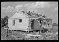 Southeast Missouri Farms Project. House erection. Roofing over shingle lath with wood shingles by Russell Lee