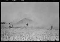 Fighting fire of rice straw stack in rice field near Crowley, Louisiana. Position of fire fighters give an idea of the the intense heat. It was thought someone dropped a box of matches in the thresher by Russell Lee