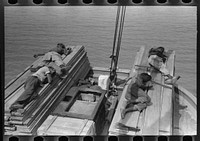  stevedores sleeping on pile of lumber on bow of packet boat on Mississippi River below New Orleans, "El Rito" by Russell Lee