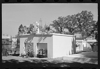 [Untitled photo, possibly related to: Decorated graves in cemetery, All Saints' Day, New Roads, Louisiana, with chickens eating the flowers] by Russell Lee