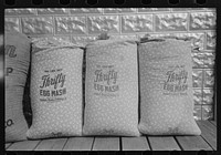 Chicken feed, flour and other bulky products are now bagged in printed cotton materials for use as dress materials. Mercedes, Texas by Russell Lee