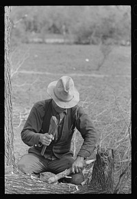 Migrant worker making stakes for the setting up of his tent, vicinity of Harlingen, Texas by Russell Lee