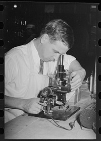 Chemist running microscopic test on sweet potato starch at plant, Laurel, Mississippi by Russell Lee