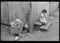 Overflowing garbage can and other things around back door of Mexican house, San Antonio, Texas. Garbage is collected but once a week in the Mexican district by Russell Lee