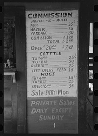 Table showing commission rates, livestock auction barn, San Augustine, Texas by Russell Lee